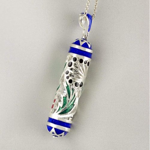  Enamel Jewelry Boutique Dandellion Mezuzah Necklace Red and Black Flowers Jewish Jewelry for Women Bat Mitzvah Enameled Pendant w Shemah Hebrew Prayer Sterling Silver Judaica Gift