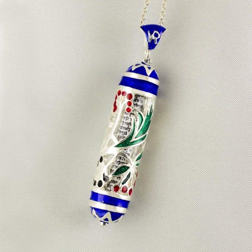  Enamel Jewelry Boutique Dandellion Mezuzah Necklace Red and Black Flowers Jewish Jewelry for Women Bat Mitzvah Enameled Pendant w Shemah Hebrew Prayer Sterling Silver Judaica Gift