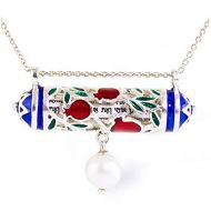Enamel Jewelry Boutique Pomegranate Horizontal Mezuzah Necklace w Pearl Jewish Jewelry for Women Judaica Red Pomegranate Green Leaves Blue Stars of David Pendant w Hebrew Prayer Bat Mitzvah Gift for Girl