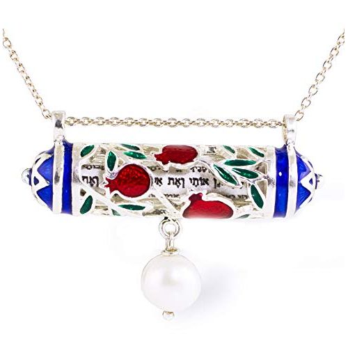  Enamel Jewelry Boutique Pomegranate Horizontal Mezuzah Necklace w Pearl Jewish Jewelry for Women Judaica Red Pomegranate Green Leaves Blue Stars of David Pendant w Hebrew Prayer Bat Mitzvah Gift for Girl