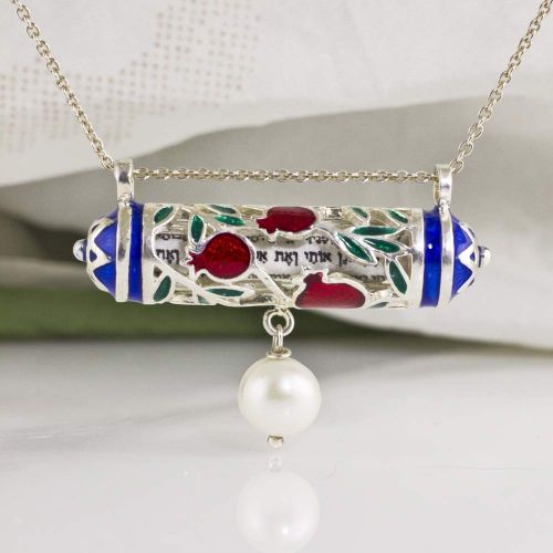  Enamel Jewelry Boutique Pomegranate Horizontal Mezuzah Necklace w Pearl Jewish Jewelry for Women Judaica Red Pomegranate Green Leaves Blue Stars of David Pendant w Hebrew Prayer Bat Mitzvah Gift for Girl