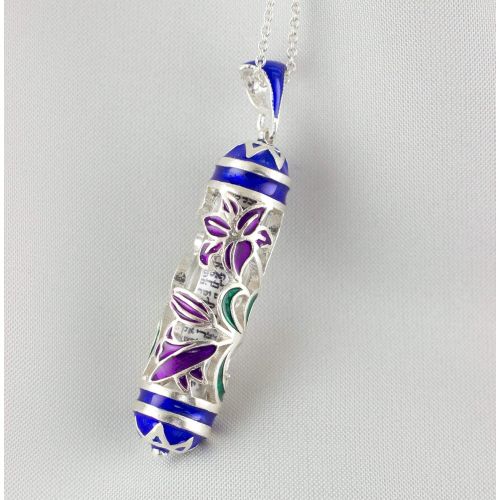  Enamel Jewelry Boutique Mezuzah Necklace, Judaica Jewelry for Women, Jewish Pendant w Shemah, Purple Lily Flower Bouquet, Sterling Silver Hebrew Pendant Lily Flowers, Bat-Mitzvah Jewish Jewelry Gift for G