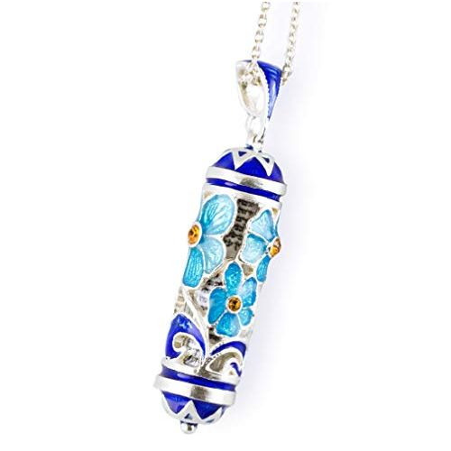  Enamel Jewelry Boutique Mezuzah Necklace, Jewish Jewelry for Women, Judaica Jewelry Mezuzah Pendant w Scroll, Bat Mitzvah Gift for Girl, Sterling Silver Enamel Pendant, Turquoise Forget-Me-Not Bouquet