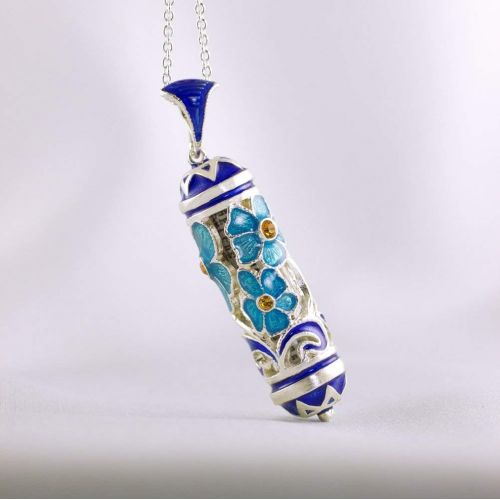  Enamel Jewelry Boutique Mezuzah Necklace, Jewish Jewelry for Women, Judaica Jewelry Mezuzah Pendant w Scroll, Bat Mitzvah Gift for Girl, Sterling Silver Enamel Pendant, Turquoise Forget-Me-Not Bouquet