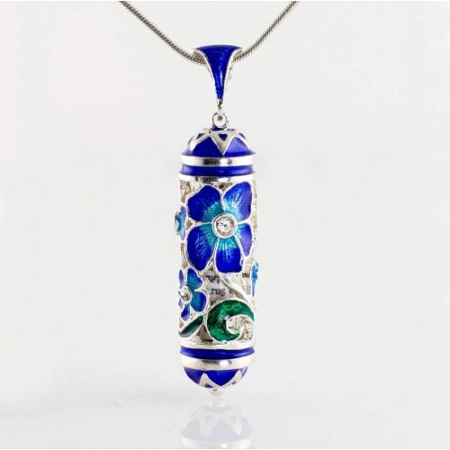  Enamel Jewelry Boutique Mezuzah Necklace, Jewish Jewelry for Women, Judaica Jewelry Mezuzah Pendant w Scroll, Bat Mitzvah Gift for Girl, Sterling Silver Enamel Pendant, Turquoise Forget-Me-Not Bouquet