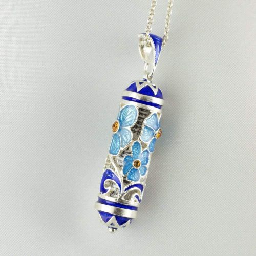  Enamel Jewelry Boutique Mezuzah Necklace, Jewish Jewelry for Women, Judaica Jewelry Mezuzah Pendant w Scroll, Bat Mitzvah Gift for Girl, Sterling Silver Enamel Pendant, Turquoise Forget-Me-Not Bouquet