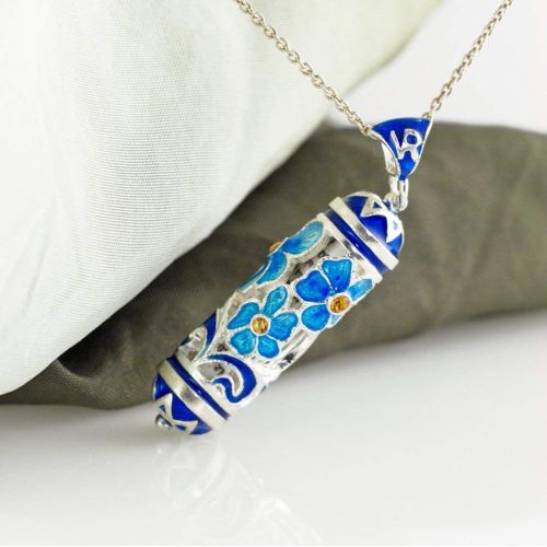  Enamel Jewelry Boutique Mezuzah Necklace, Jewish Jewelry for Women, Judaica Jewelry Mezuzah Pendant w Scroll, Bat Mitzvah Gift for Girl, Sterling Silver Enamel Pendant, Turquoise Forget-Me-Not Bouquet