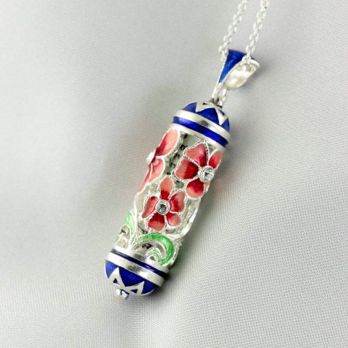  Enamel Jewelry Boutique Mezuzah Necklace, Jewish Jewelry for Women, Judaica Jewelry Mezuzah Pendant w Scroll, Bat Mitzvah Gift for Girl, Sterling Silver Enamel Pendant, Turquoise Forget-Me-Not Bouquet