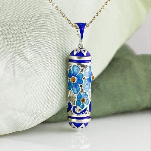  Enamel Jewelry Boutique Mezuzah Necklace, Jewish Jewelry for Women, Judaica Jewelry Mezuzah Pendant w Scroll, Bat Mitzvah Gift for Girl, Sterling Silver Enamel Pendant, Turquoise Forget-Me-Not Bouquet