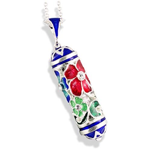  Enamel Jewelry Boutique Mezuzah Necklace Multicolored Flower Bouquet, Judaica Jewelry for Women, Sterling Silver Enameled Pendant w Prayer, Jewish Necklace Bat Mitzvah Gift, Jewish Jewelry Gift For Her