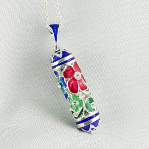  Enamel Jewelry Boutique Mezuzah Necklace Multicolored Flower Bouquet, Judaica Jewelry for Women, Sterling Silver Enameled Pendant w Prayer, Jewish Necklace Bat Mitzvah Gift, Jewish Jewelry Gift For Her