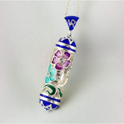  Enamel Jewelry Boutique Mezuzah Necklace Multicolored Flower Bouquet, Judaica Jewelry for Women, Sterling Silver Enameled Pendant w Prayer, Jewish Necklace Bat Mitzvah Gift, Jewish Jewelry Gift For Her