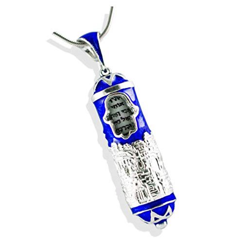  Enamel Jewelry Boutique Mezuzah Necklace Jerusalem w Hamsa, Jewish Jewelry For WomenMen, Sterling Silver Judaica Pendant w Blue Enamel, Sacred Pendant w Hebrew Prayer Jewish Jewelry Bat-Mitzvah Gift