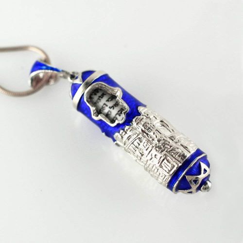  Enamel Jewelry Boutique Mezuzah Necklace Jerusalem w Hamsa, Jewish Jewelry For WomenMen, Sterling Silver Judaica Pendant w Blue Enamel, Sacred Pendant w Hebrew Prayer Jewish Jewelry Bat-Mitzvah Gift