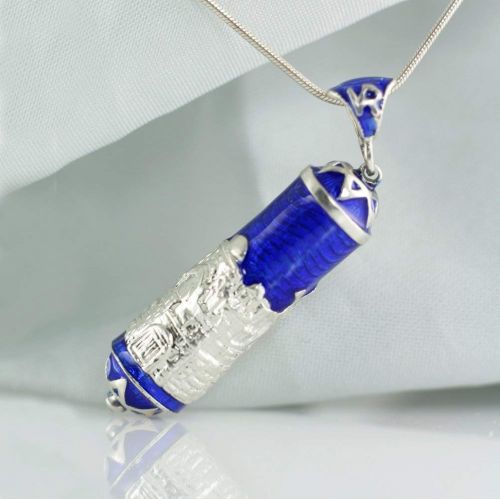  Enamel Jewelry Boutique Mezuzah Necklace Jerusalem w Hamsa, Jewish Jewelry For WomenMen, Sterling Silver Judaica Pendant w Blue Enamel, Sacred Pendant w Hebrew Prayer Jewish Jewelry Bat-Mitzvah Gift