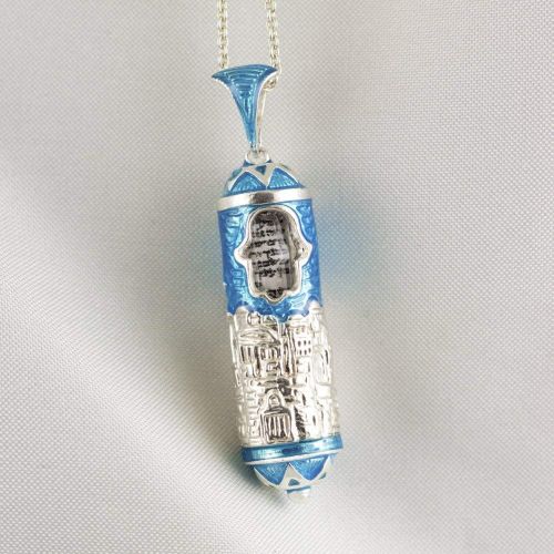  Enamel Jewelry Boutique Mezuzah Necklace Jerusalem w Hamsa, Jewish Jewelry For WomenMen, Sterling Silver Judaica Pendant w Blue Enamel, Sacred Pendant w Hebrew Prayer Jewish Jewelry Bat-Mitzvah Gift