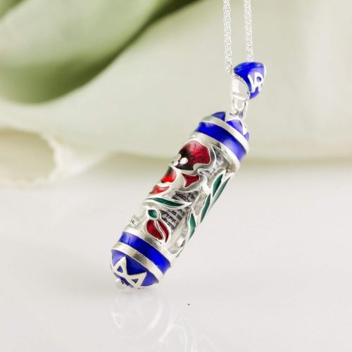  Enamel Jewelry Boutique Mezuzah Necklace Anemone Flowers Jewelry for Women Red Kalaniot Sterling Silver Jewish Pendant w Blue Stars, Hebrew Scroll, Bat Mitzvah Jewelry Jewish Gift