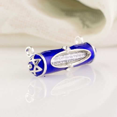  Enamel Jewelry Boutique Sterling Silver Blue Mezuzah Necklace Horizontal Pendant Jewish Jewelry for Women Enamel Judaica Pendant Oval Windows w Crystals Silver Bat Mitzvah Gift