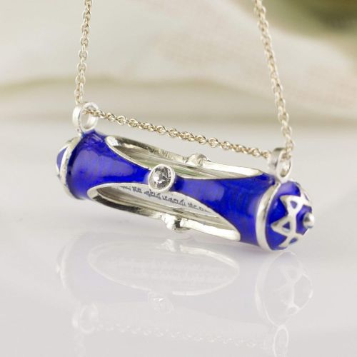  Enamel Jewelry Boutique Sterling Silver Blue Mezuzah Necklace Horizontal Pendant Jewish Jewelry for Women Enamel Judaica Pendant Oval Windows w Crystals Silver Bat Mitzvah Gift