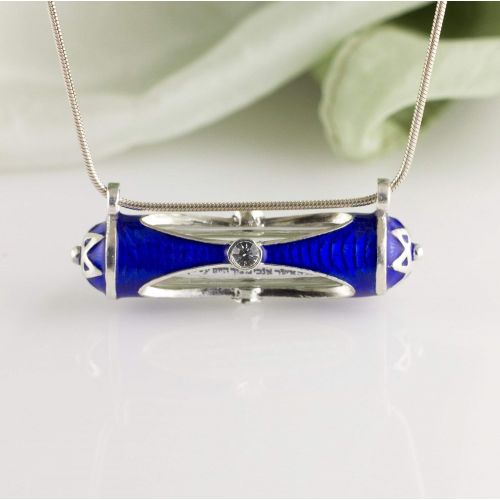  Enamel Jewelry Boutique Sterling Silver Blue Mezuzah Necklace Horizontal Pendant Jewish Jewelry for Women Enamel Judaica Pendant Oval Windows w Crystals Silver Bat Mitzvah Gift