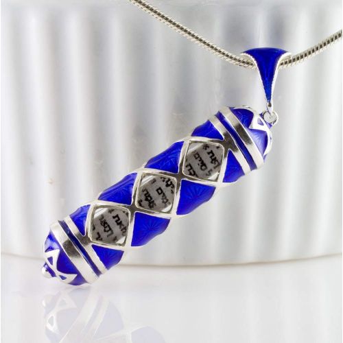  Enamel Jewelry Boutique Blue Mezuzah Necklace, Jewish Jewelry for MenWomen Enamel Jewelry Bar Mitzvah Blue Pendant, Judaica Necklace Rhombuses w Hebrew Prayer, Kabbalah Pendant, Sterling Silver Jewish Gi