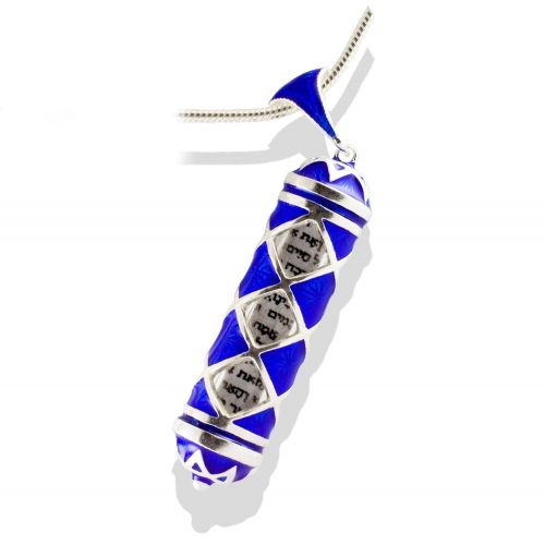  Enamel Jewelry Boutique Blue Mezuzah Necklace, Jewish Jewelry for MenWomen Enamel Jewelry Bar Mitzvah Blue Pendant, Judaica Necklace Rhombuses w Hebrew Prayer, Kabbalah Pendant, Sterling Silver Jewish Gi