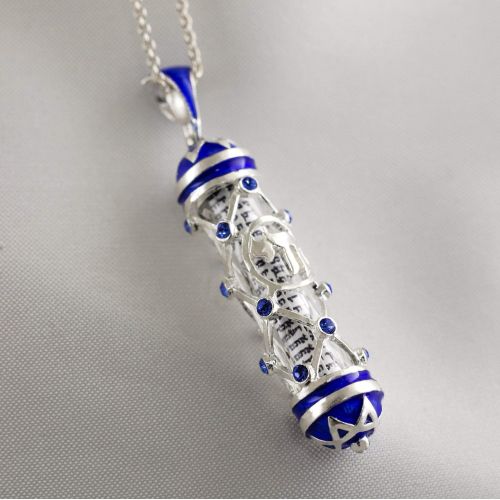  Enamel Jewelry Boutique Judaica Mezuzah Chai Necklace w Shemah Sterling Silver Reticulated Net Pendant w Sapphire Blue Crystals Jewish Jewelry for MenWomen BarBat Mitzvah Gift