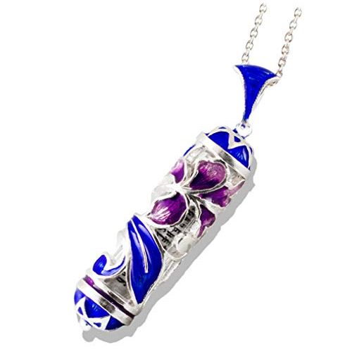  Enamel Jewelry Boutique Mezuzah Necklace Purple Iris Flower w Blue Leaves Judaica Jewelry for Women Sterling Silver Enameled Pendant, Bat Mitzvah Gift