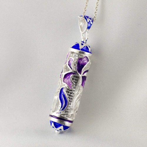  Enamel Jewelry Boutique Mezuzah Necklace Purple Iris Flower w Blue Leaves Judaica Jewelry for Women Sterling Silver Enameled Pendant, Bat Mitzvah Gift