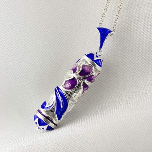  Enamel Jewelry Boutique Mezuzah Necklace Purple Iris Flower w Blue Leaves Judaica Jewelry for Women Sterling Silver Enameled Pendant, Bat Mitzvah Gift