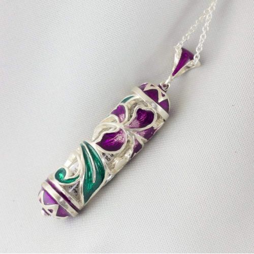  Enamel Jewelry Boutique Mezuzah Necklace Purple Iris Flower w Blue Leaves Judaica Jewelry for Women Sterling Silver Enameled Pendant, Bat Mitzvah Gift