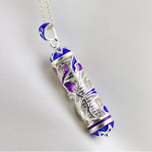  Enamel Jewelry Boutique Mezuzah Necklace Purple Iris Flower w Blue Leaves Judaica Jewelry for Women Sterling Silver Enameled Pendant, Bat Mitzvah Gift