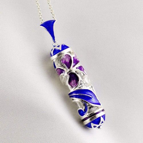  Enamel Jewelry Boutique Mezuzah Necklace Purple Iris Flower w Blue Leaves Judaica Jewelry for Women Sterling Silver Enameled Pendant, Bat Mitzvah Gift