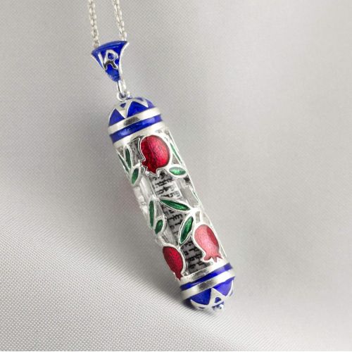  Enamel Jewelry Boutique Pomegranate Mezuzah Necklace, Jewish Jewelry for Women, Enameled Pendant w Blue Stars of David, Pomegranate Jewish Jewelry Pendant Jewish Gift for Women Sterling Silver Pendant w H