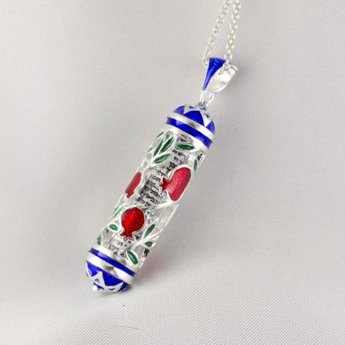  Enamel Jewelry Boutique Pomegranate Mezuzah Necklace, Jewish Jewelry for Women, Enameled Pendant w Blue Stars of David, Pomegranate Jewish Jewelry Pendant Jewish Gift for Women Sterling Silver Pendant w H