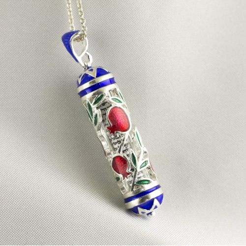  Enamel Jewelry Boutique Pomegranate Mezuzah Necklace, Jewish Jewelry for Women, Enameled Pendant w Blue Stars of David, Pomegranate Jewish Jewelry Pendant Jewish Gift for Women Sterling Silver Pendant w H