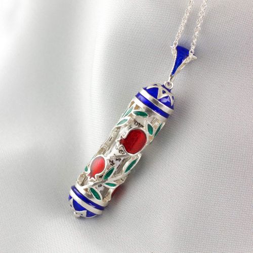  Enamel Jewelry Boutique Pomegranate Mezuzah Necklace, Jewish Jewelry for Women, Enameled Pendant w Blue Stars of David, Pomegranate Jewish Jewelry Pendant Jewish Gift for Women Sterling Silver Pendant w H