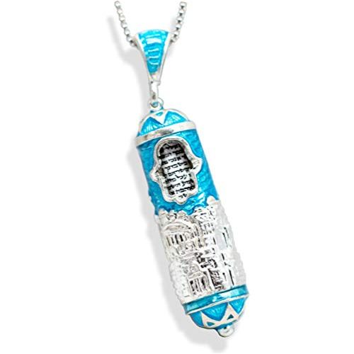  Enamel Jewelry Boutique Sterling Silver Mezuzah Necklace Jerusalem w Hamsa, Judaica Pendant w Turquoise Enamel, Jewish Jewelry For MenWomen Sacred Pendant w Hebrew Prayer Jewish Jewelry Bat-Mitzvah Gift