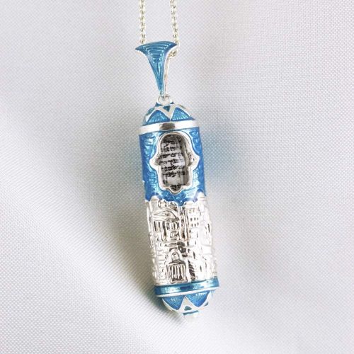  Enamel Jewelry Boutique Sterling Silver Mezuzah Necklace Jerusalem w Hamsa, Judaica Pendant w Turquoise Enamel, Jewish Jewelry For MenWomen Sacred Pendant w Hebrew Prayer Jewish Jewelry Bat-Mitzvah Gift