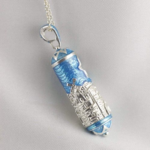  Enamel Jewelry Boutique Sterling Silver Mezuzah Necklace Jerusalem w Hamsa, Judaica Pendant w Turquoise Enamel, Jewish Jewelry For MenWomen Sacred Pendant w Hebrew Prayer Jewish Jewelry Bat-Mitzvah Gift