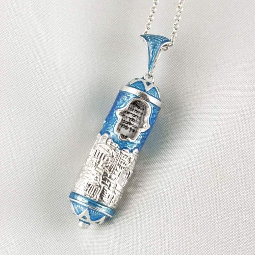  Enamel Jewelry Boutique Sterling Silver Mezuzah Necklace Jerusalem w Hamsa, Judaica Pendant w Turquoise Enamel, Jewish Jewelry For MenWomen Sacred Pendant w Hebrew Prayer Jewish Jewelry Bat-Mitzvah Gift