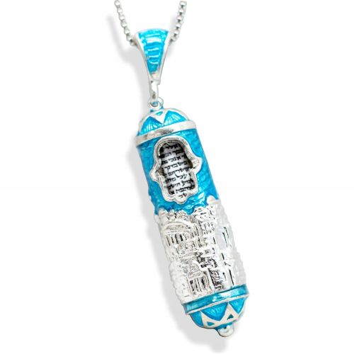  Enamel Jewelry Boutique Sterling Silver Mezuzah Necklace Jerusalem w Hamsa, Judaica Pendant w Turquoise Enamel, Jewish Jewelry For MenWomen Sacred Pendant w Hebrew Prayer Jewish Jewelry Bat-Mitzvah Gift