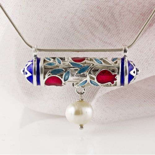  Enamel Jewelry Boutique Mezuzah Necklace Pomegranate w Pearl, Jewish Jewelry for Women, Judaica Necklace w Hebrew Prayer Red Pomegranate w Blue Star of David, Bat Mitzvah Gift for Girl