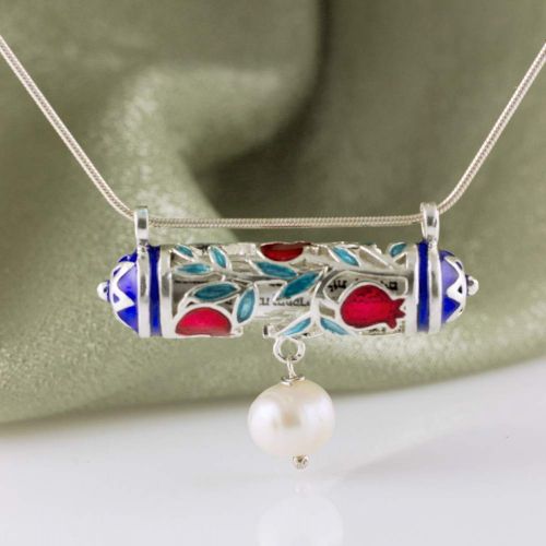  Enamel Jewelry Boutique Mezuzah Necklace Pomegranate w Pearl, Jewish Jewelry for Women, Judaica Necklace w Hebrew Prayer Red Pomegranate w Blue Star of David, Bat Mitzvah Gift for Girl