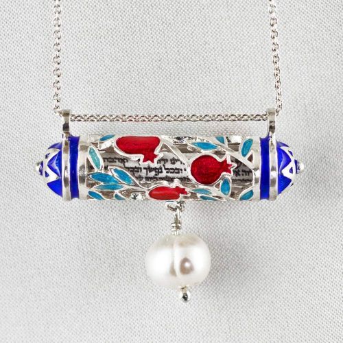  Enamel Jewelry Boutique Mezuzah Necklace Pomegranate w Pearl, Jewish Jewelry for Women, Judaica Necklace w Hebrew Prayer Red Pomegranate w Blue Star of David, Bat Mitzvah Gift for Girl