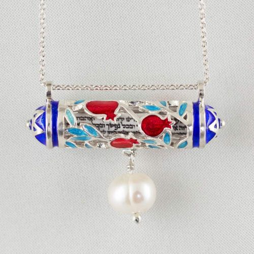  Enamel Jewelry Boutique Mezuzah Necklace Pomegranate w Pearl, Jewish Jewelry for Women, Judaica Necklace w Hebrew Prayer Red Pomegranate w Blue Star of David, Bat Mitzvah Gift for Girl