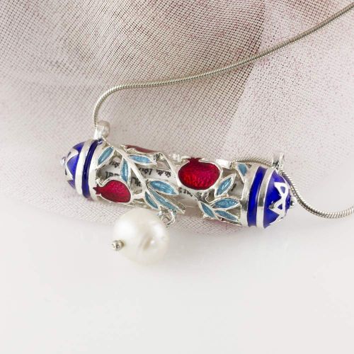  Enamel Jewelry Boutique Mezuzah Necklace Pomegranate w Pearl, Jewish Jewelry for Women, Judaica Necklace w Hebrew Prayer Red Pomegranate w Blue Star of David, Bat Mitzvah Gift for Girl