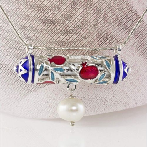  Enamel Jewelry Boutique Mezuzah Necklace Pomegranate w Pearl, Jewish Jewelry for Women, Judaica Necklace w Hebrew Prayer Red Pomegranate w Blue Star of David, Bat Mitzvah Gift for Girl