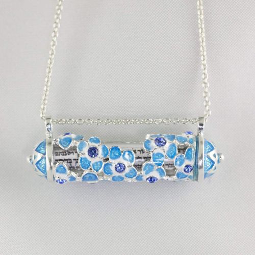  Enamel Jewelry Boutique Floral Mezuzah Forget-Me-Not Necklace, Judaica Jewelry for Women, Sterling Silver, Hebrew Necklace w Scroll, Enamel Jewelry Pendant w Turquoise Flowers, Bat-Mitzvah Gift