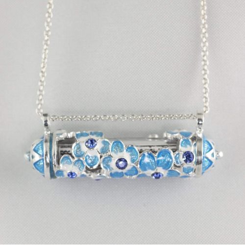  Enamel Jewelry Boutique Floral Mezuzah Forget-Me-Not Necklace, Judaica Jewelry for Women, Sterling Silver, Hebrew Necklace w Scroll, Enamel Jewelry Pendant w Turquoise Flowers, Bat-Mitzvah Gift